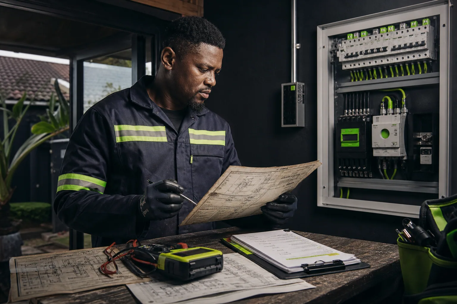 Electrician comparing electrical plans and a modern distribution board
