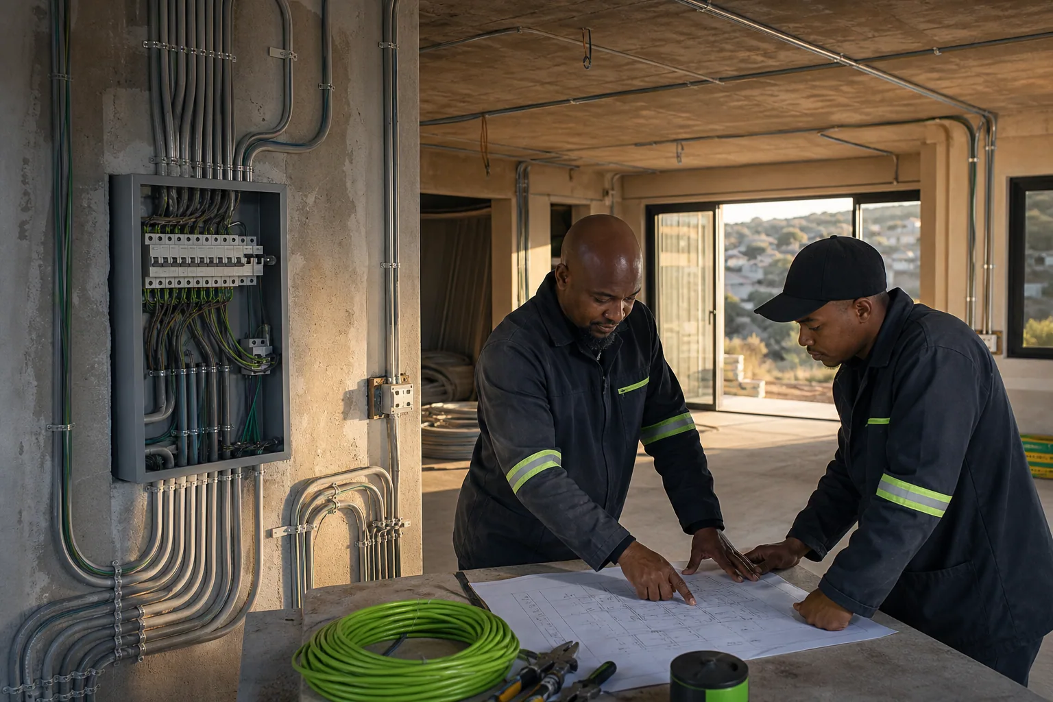 Electricians planning the wiring of a four-bedroom South African home