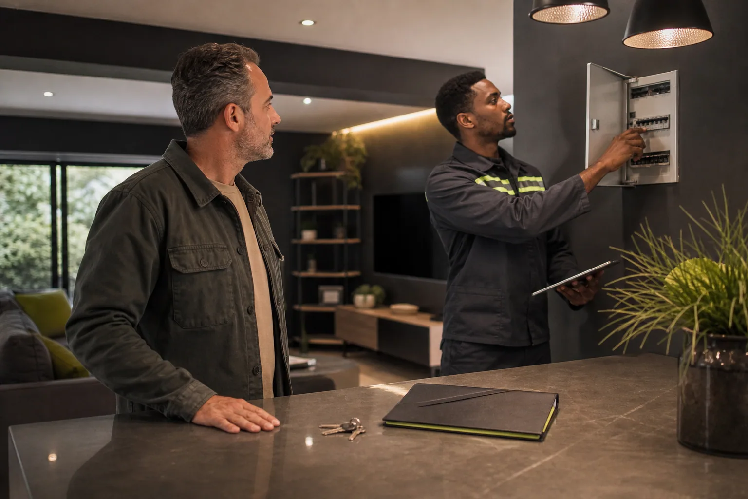 Homeowner and electrician during a compliance inspection