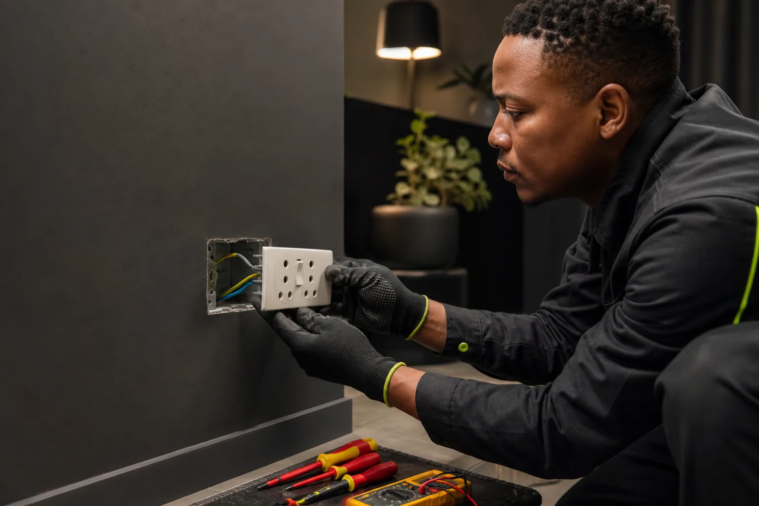 Professional electrician installing a plug socket in a Krugersdorp home